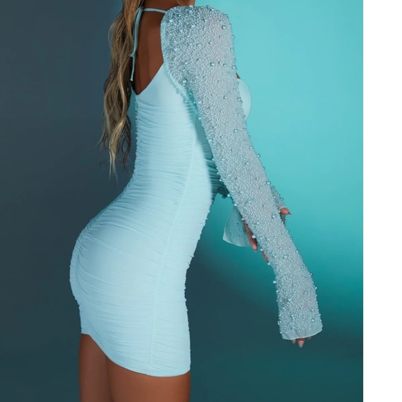 NWT Oh Polly St. Germain Embellished Long Sleeve Mini Dress in Aqua - Picture 7 of 7